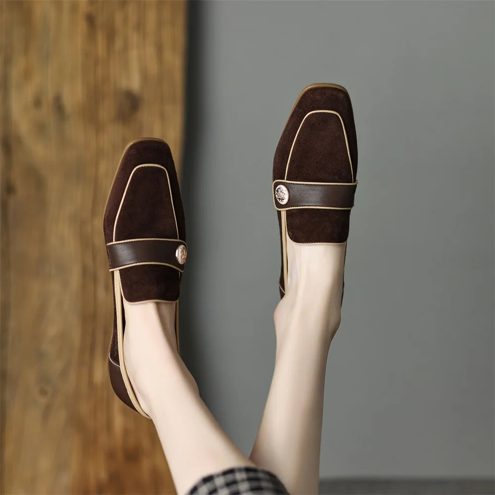 Loafers For Women Block Heels with Metal Buttons, Kid Suede Loafers Square toe Low-heeled Slip on Casual Shallow Work Shoes KilyClothing