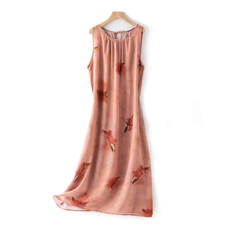 100% Natural Mulberry Silk Crepe De Chine Fashion Commuter Loose Edition Holiday Style Casual Dress