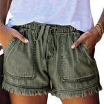 Washed Denim Shorts, Casual Drawstring Elastic Waist Frayed Hem Loose Short Jeans KilyClothing