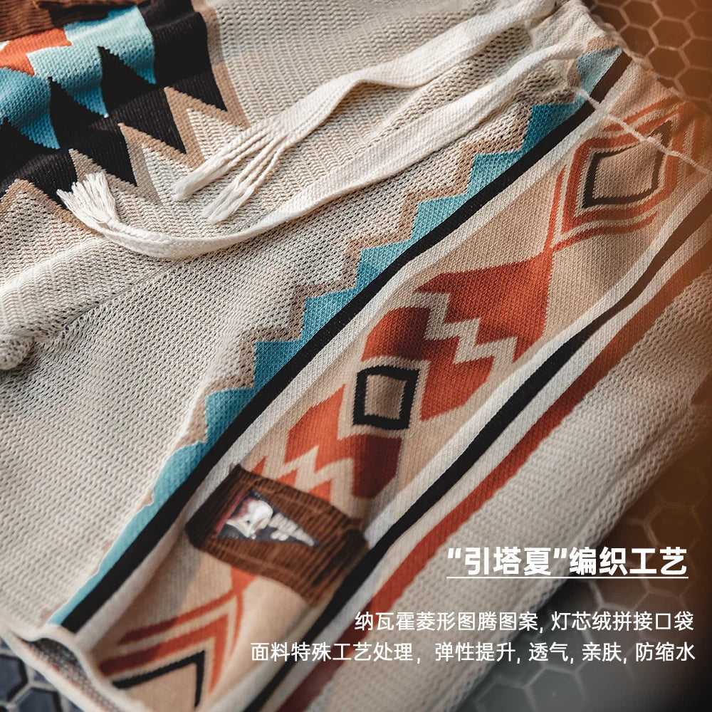 Vintage Navajo Totem Knitted Shorts Men's Casual Embroidery Geometric Beach Short Pants Drawstring Elastic Waist Shorts KilyClothing