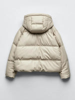 Faux Leather Puffer Jacket, Warm PU Snow Hooded Parka Female Casual Loose Coat Zipper Long Sleeve Overcoat KilyClothing