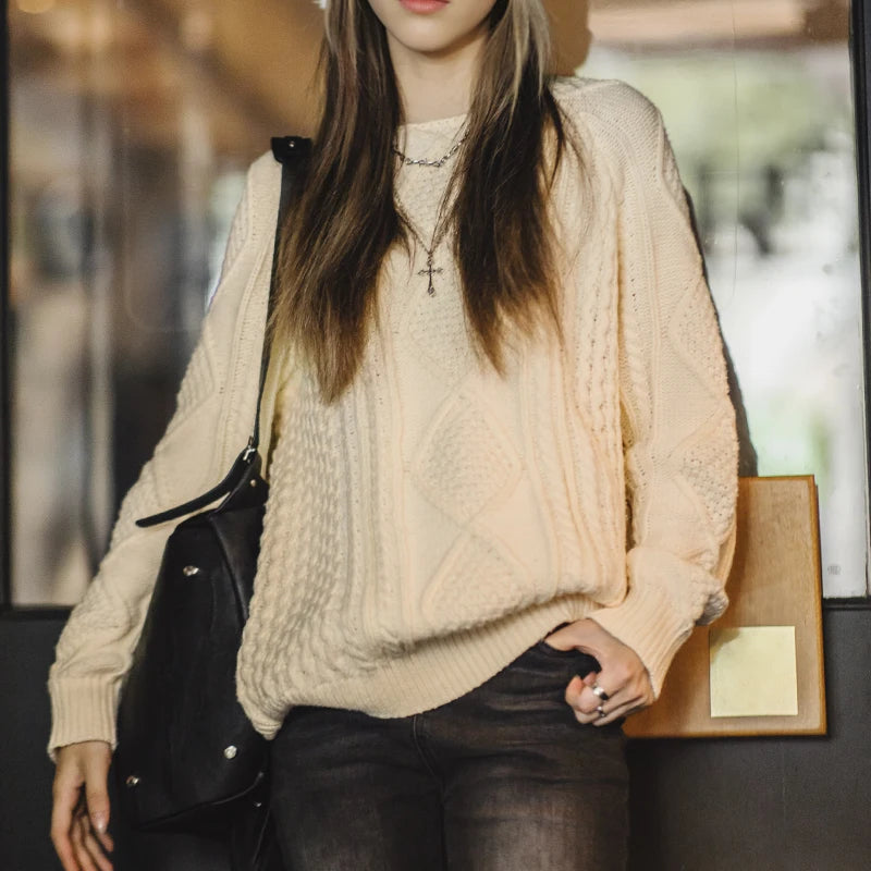 Suéter trenzado beige para mujer, prenda exterior holgada de punto grueso, jersey de cuello redondo, suéteres cálidos
