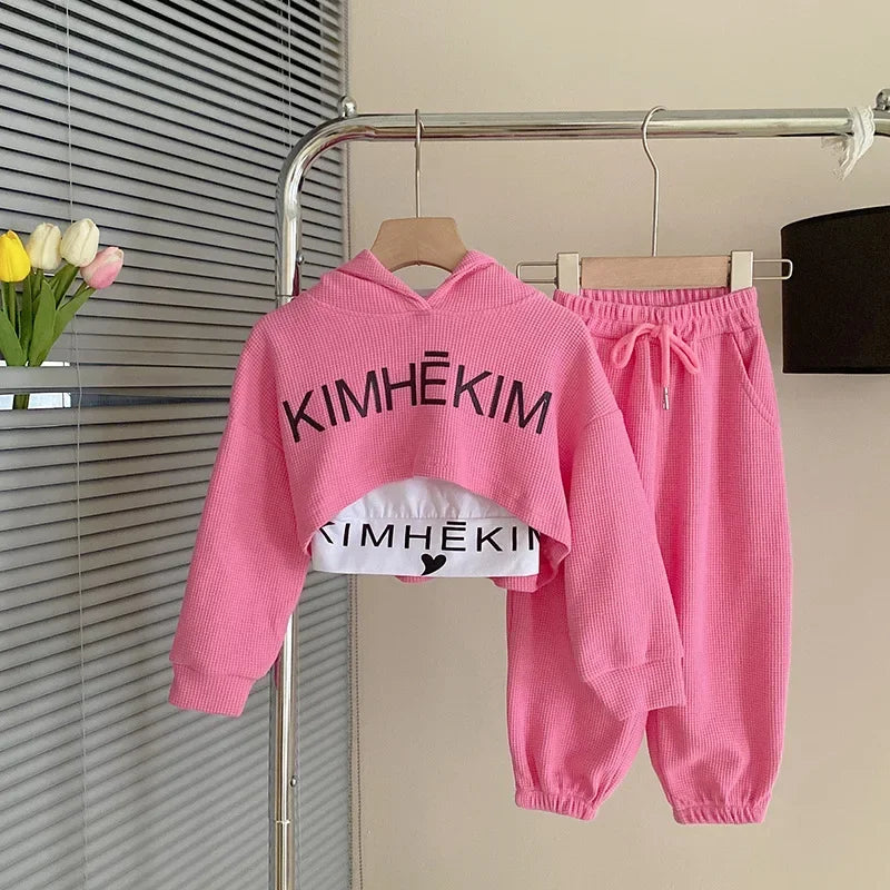 Baby Girls Waffle Alphabet Crop Hoodie+Drawstring Sweatpant+Tee, Tops Kids Tracksuit Child 3PCS Outfit Sets 1-9 Yrs KilyClothing