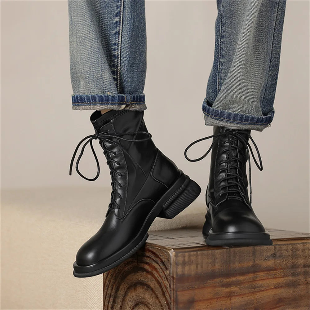 Genuine Leather Women Combat Boots Retro Round Toe Chunky Heel Flat Antiskid Lace Up  Elastic Boots With Zipper