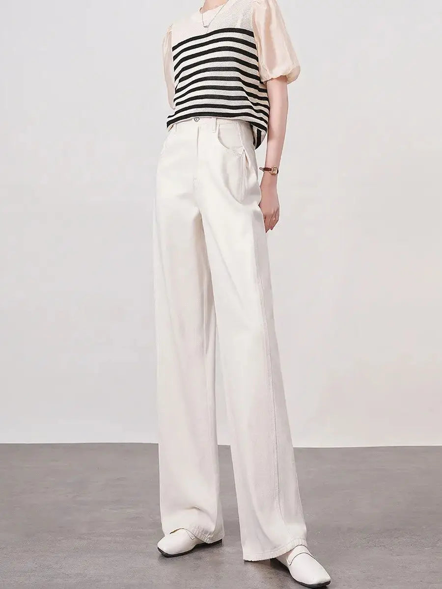 Women Jeans, Straight Wide Leg Denim Pants, High Waist Loose Fit White Casual Retro