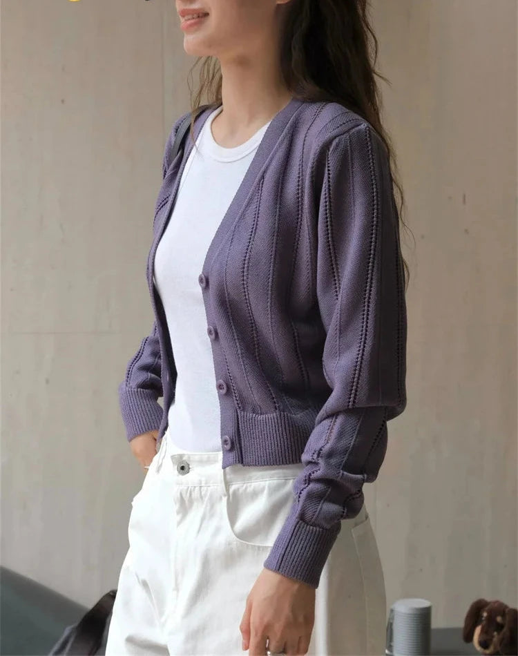 Cárdigan de punto calado con escote en V sencillo y textura holgada, top informal de moda
