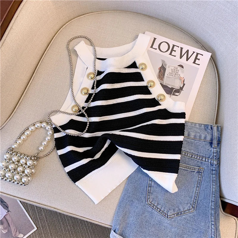 Halter Slim Striped Knitted Vests Women Crop, Summer Sleeveless Gold Buttons Knitwear Sexy Elegant Streetwear Vests