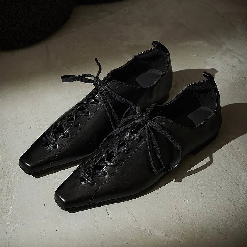Low Heel Lace Up Genuine Leather Pumps Women Daily Walk Flats Young Girls Casual Spring Autumn Black Shoes