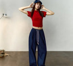 Ice Silk Cool Feeling Jeans for Women, Denim Blue,, Loose Wide Leg Pants, Elastic Waist Contrasting Color Tassel Waist Cord KilyClothing