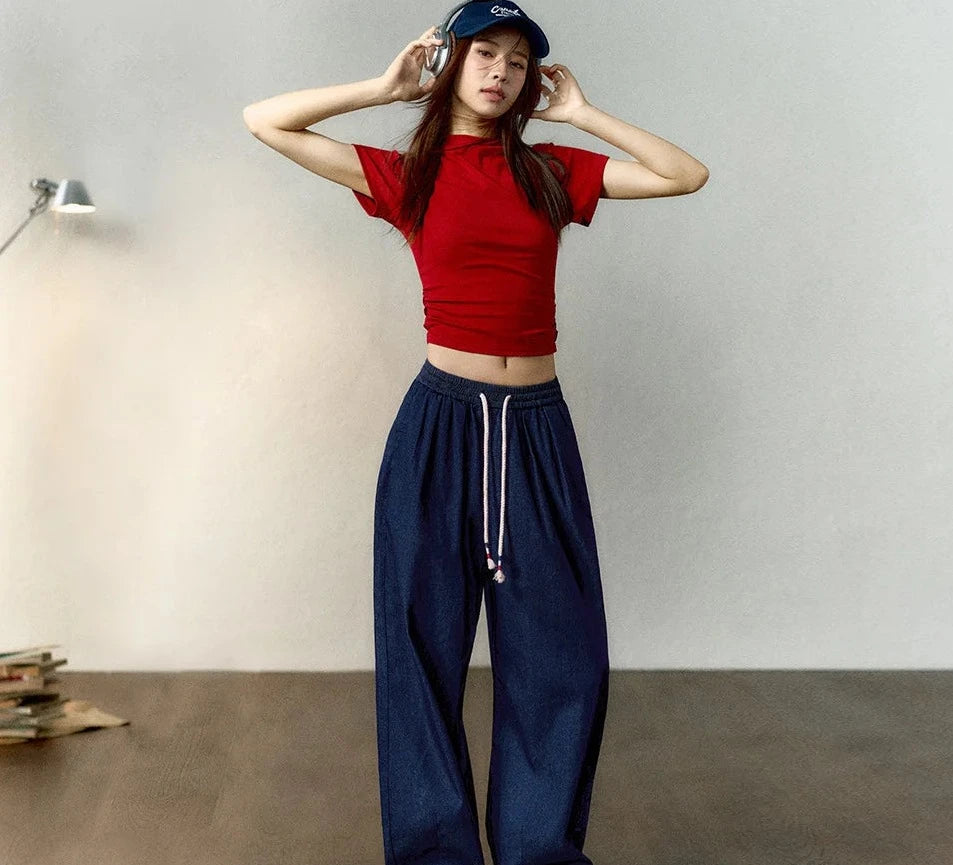Ice Silk Cool Feeling Jeans for Women, Denim Blue,, Loose Wide Leg Pants, Elastic Waist Contrasting Color Tassel Waist Cord KilyClothing