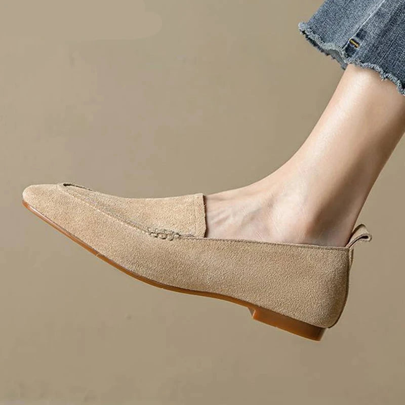 Cow Suede Round Toe Low Heels Spring Brand Shoes Basic Simple Style Mature Comfortable Slip on Western Flats