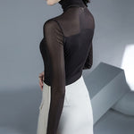 Sexy Gauze Spliced Turtleneck Top, All-match Solid Color Long Sleeve Slim T-shirt KilyClothing