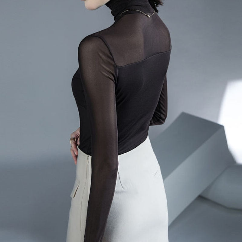 Sexy Gauze Spliced Turtleneck Top, All-match Solid Color Long Sleeve Slim T-shirt KilyClothing