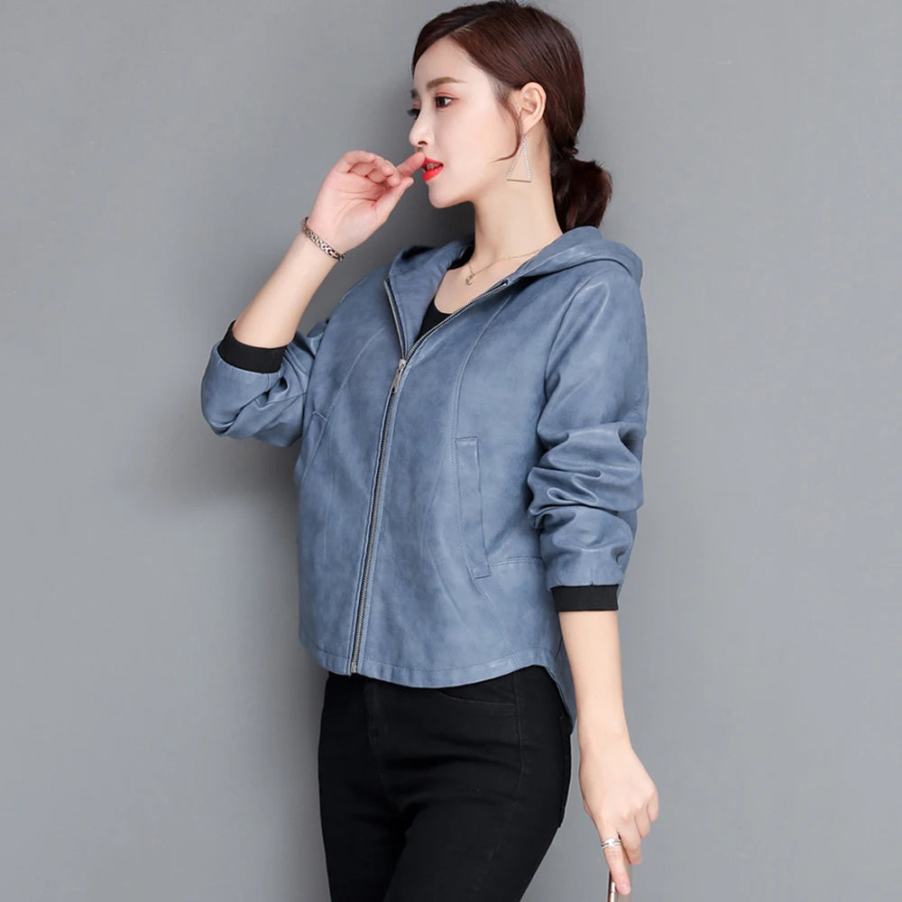 Casual Leather Jacket, Hooded Zipper Split Leather Loose Outerwear Short Sheepskin coat