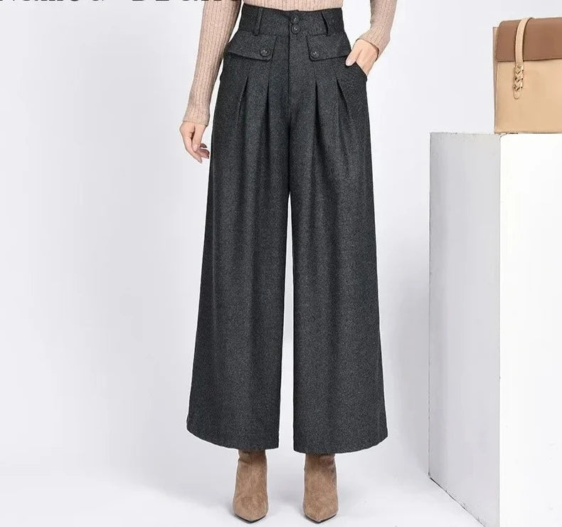 Warm Wool Women's Pants, High Waist, Pleated Wide Leg, Capris for Women, Trousers Woman Extra sizes