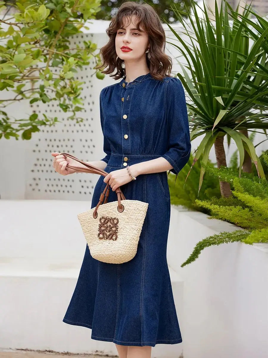 Women Denim Dress Retro Style Casual, Round Neck Three-quarter Sleeve Slim Fit A-line Fishtail Dress