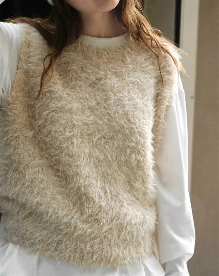 Suéter de lana de imitación de visón con cuello redondo para mujer, moda de invierno, suave y esponjoso, color albaricoque/gris