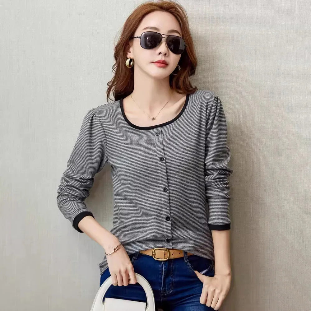 Women Contrast Color Striped T-shirt Spring Autumn Fashion Square Collar Long Sleeve Slim T-shirt Casual Simplicity Pullover