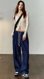 Ice Silk Cool Feeling Jeans for Women, Denim Blue,, Loose Wide Leg Pants, Elastic Waist Contrasting Color Tassel Waist Cord KilyClothing