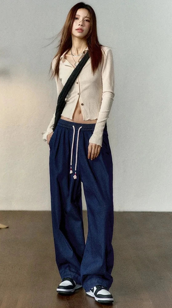 Ice Silk Cool Feeling Jeans for Women, Denim Blue,, Loose Wide Leg Pants, Elastic Waist Contrasting Color Tassel Waist Cord KilyClothing