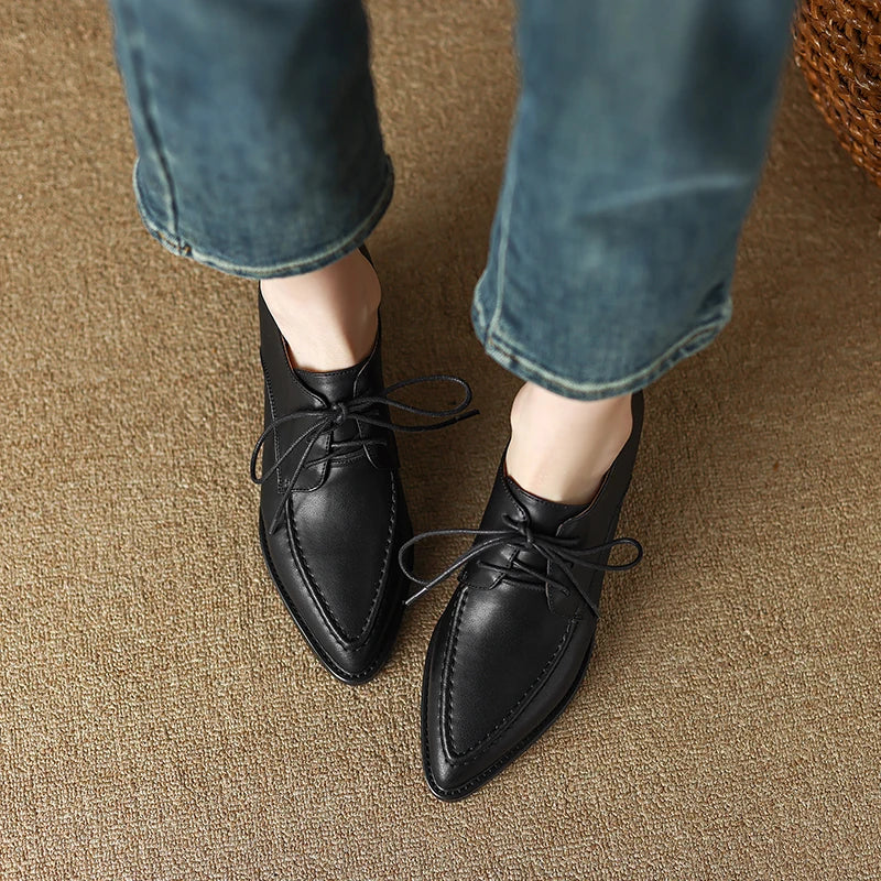 Working Casual Women Pumps Low Heels Comfortable Spring Summer Genuine Leather Lace-Up Shoes Woman Mature Retro Style KilyClothing