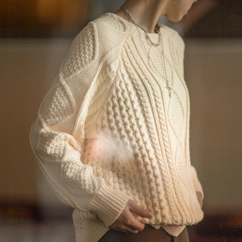 Suéter trenzado beige para mujer, prenda exterior holgada de punto grueso, jersey de cuello redondo, suéteres cálidos