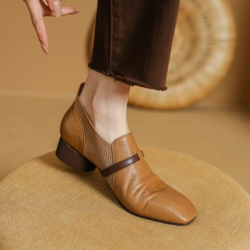 Women's Cow Leather Stretch Knit Patchwork Slip-on Pumps 4cm Thicm Med Heel Sqaure Toe Casual Female Dress Shoes