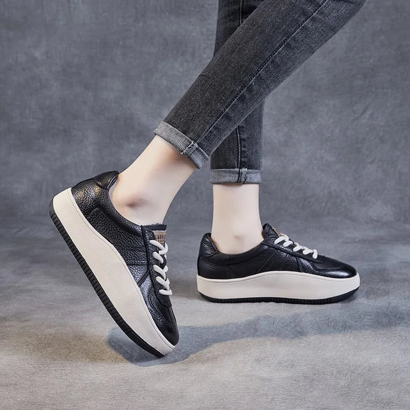 Women's shoes, Comfort Genuine Leather Lace-Up Casual Sneakers, Low Top Flat Platform Shoes KilyClothing