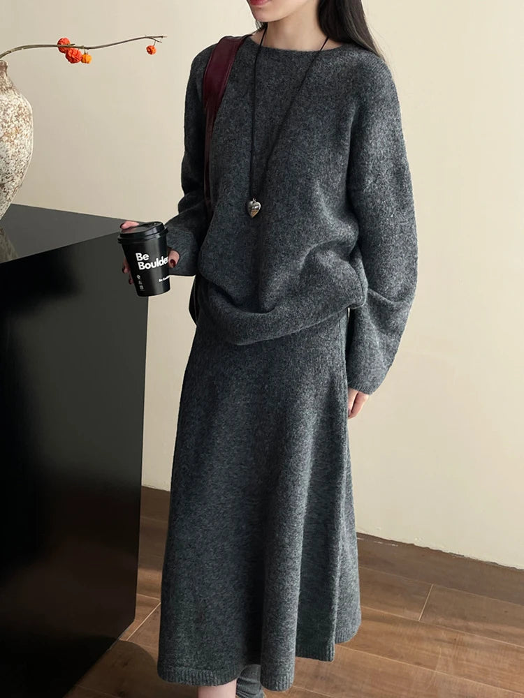 Knit 2 Piece Set Women's Round Neck Long Sleeve Loose Sweater High Waist A-line Skirts