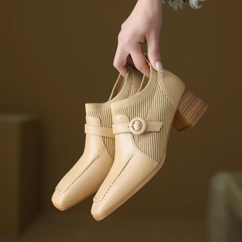 Women's Shoes Genuine Leather Patchwork Square Toe Chunky Mid Heel Shoes Women Concise Pumps Luxury Shoes
