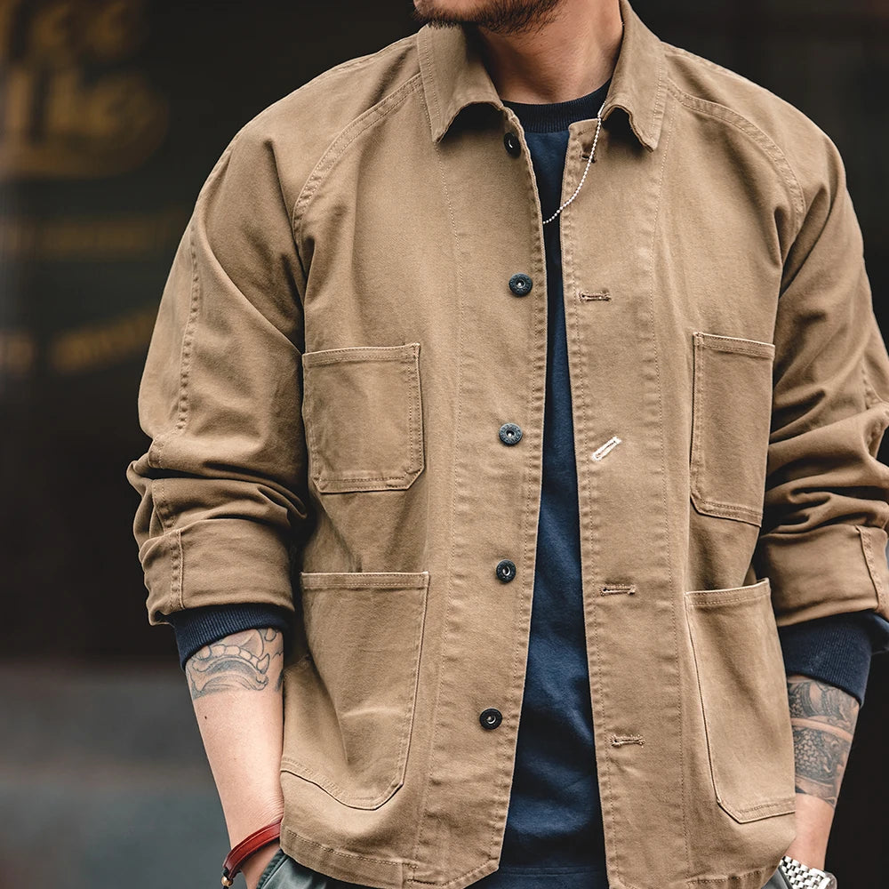 Retro Paris Button Four Pocket Jacket Flip Collar Amekaji Vintage Coat Men