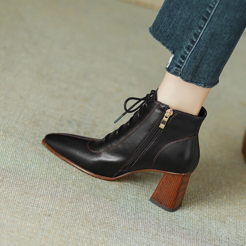 Leather Pointed Toe Chunky Heel Shoes Women Retro Split Modern Boots KilyClothing