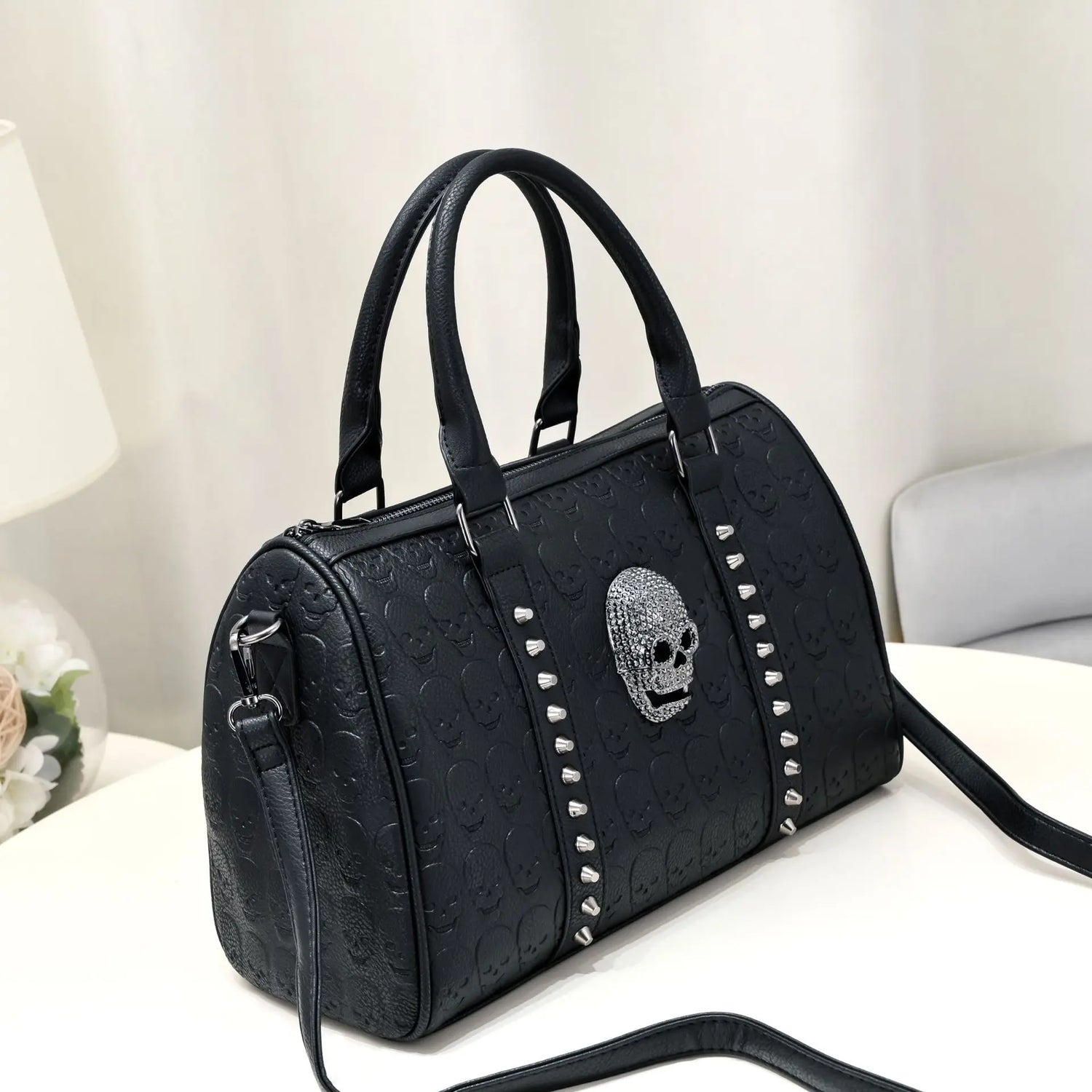 Gothic Style Skull Tote Bag for Women Steampunk Studded Decor Boston Bag Trendy Top Handle Crossbody KilyClothing