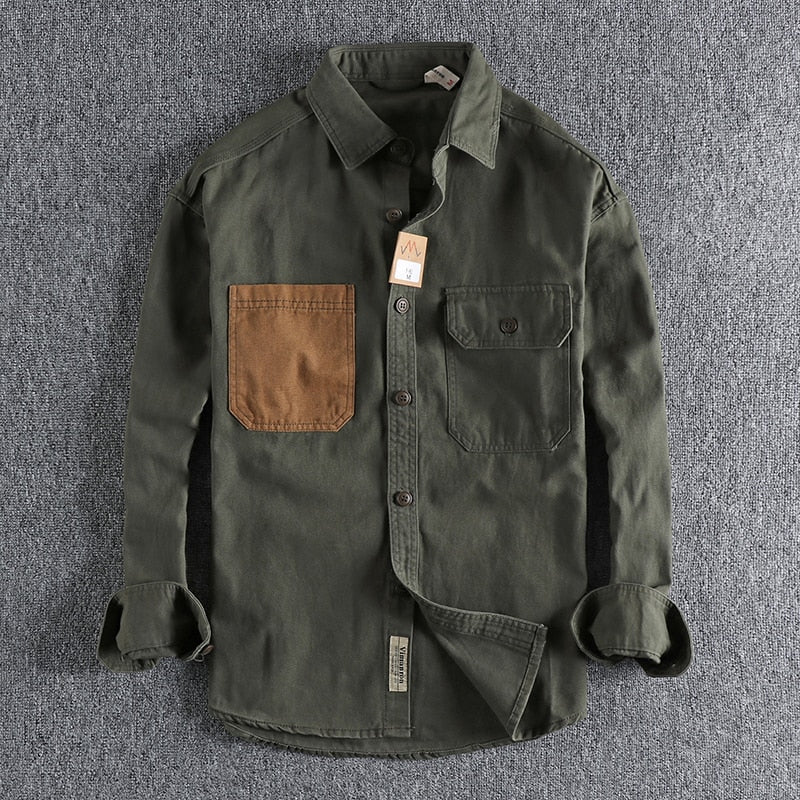 Sleeve patch washed grain woven cotton long sleeve shirt KilyClothing