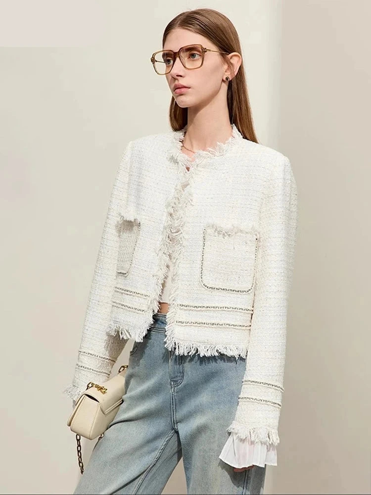 Minimalism Chambray Women's Tweed Short Jackets, Spring New Tassel Spliced Pleated Cuffs Straight Retro Coats