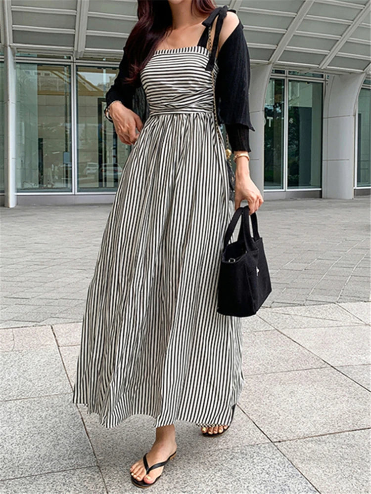 Chic Sleeveless Lace Up Striped High Waist Fashion Elegant Holiday Women's Spring Summer Long Dresses KilyClothing