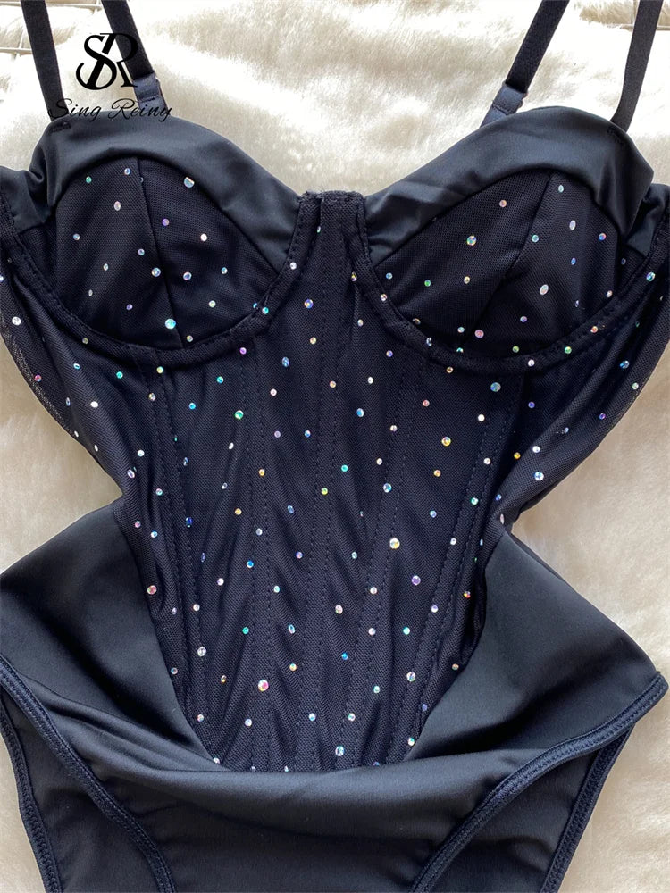 Sexy Open Crotch Diamonds Rompers, Strap Tank Camisole Bodysuits Fashion Sleeveless Backless Bodycon Playsuits