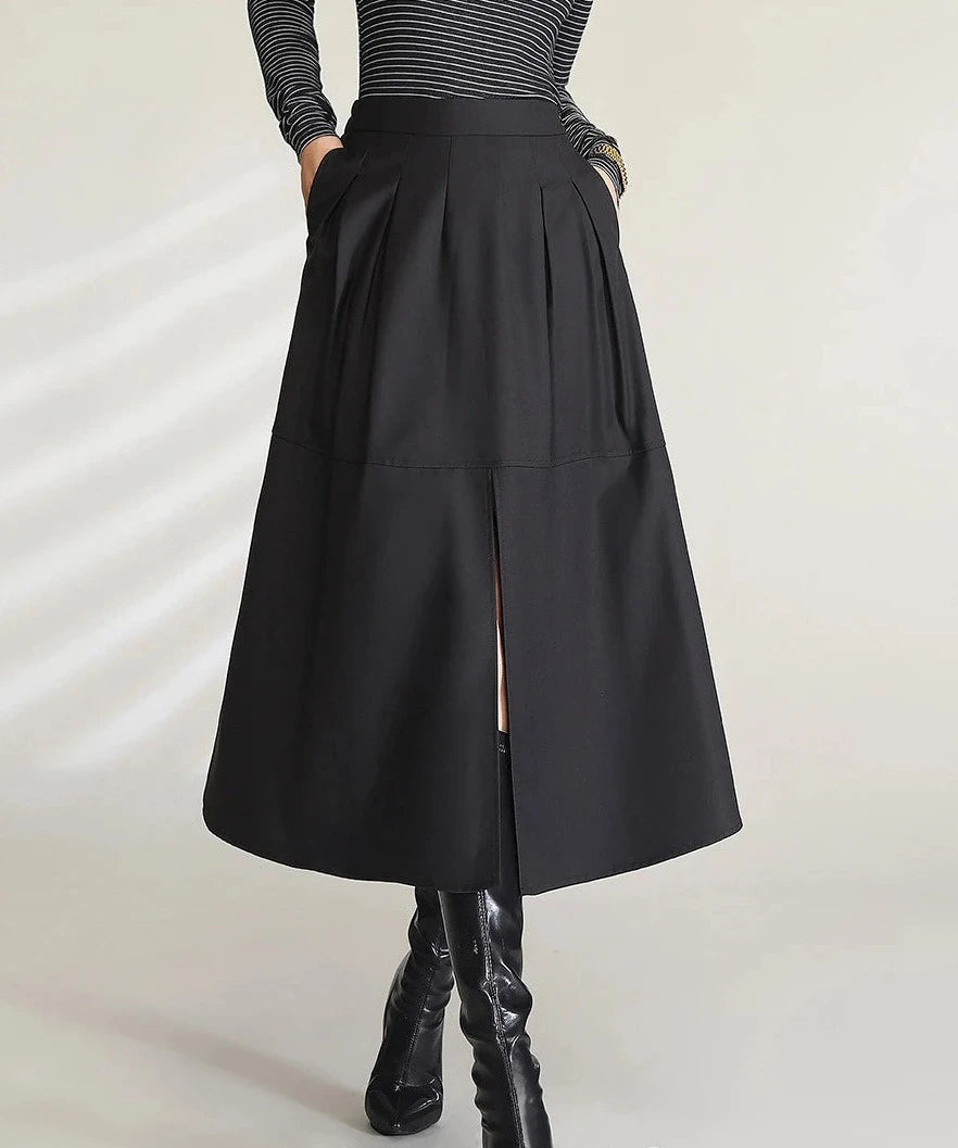 Women Elegant Black Midi Skirts, High Waist Commuting Casual A Line Umbrella Long Skirt with Slit and Pockets