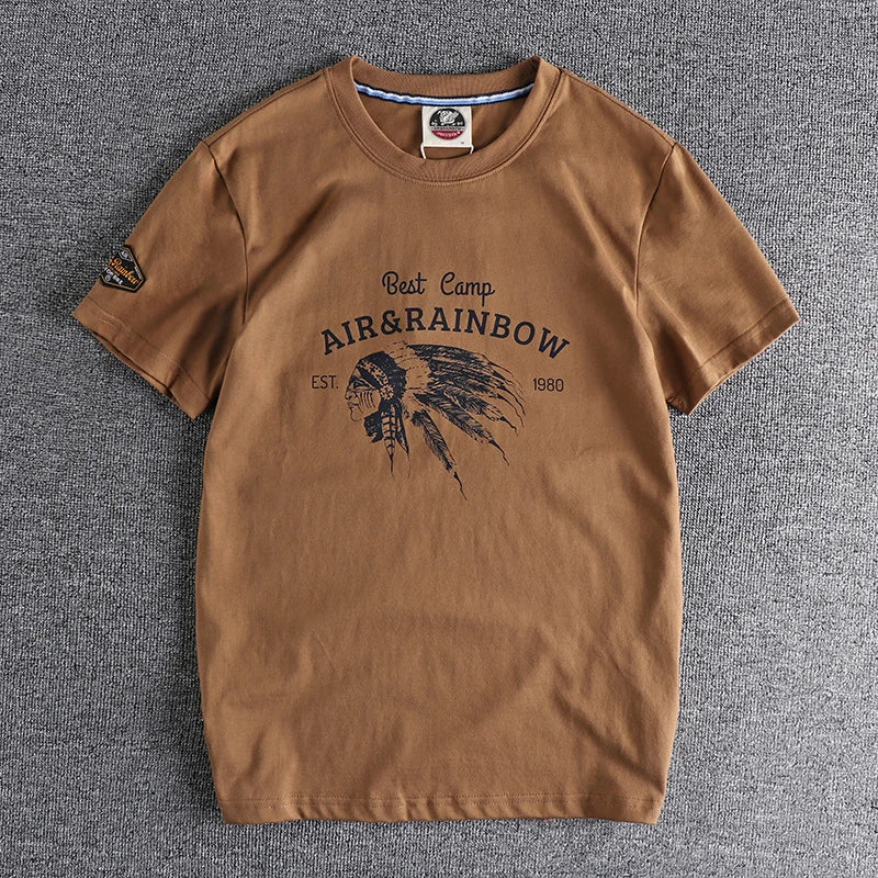 Retro Short-sleeved O-neck Eagle Printed T-shirt Men's Fashion Simple 100% Cotton Washed