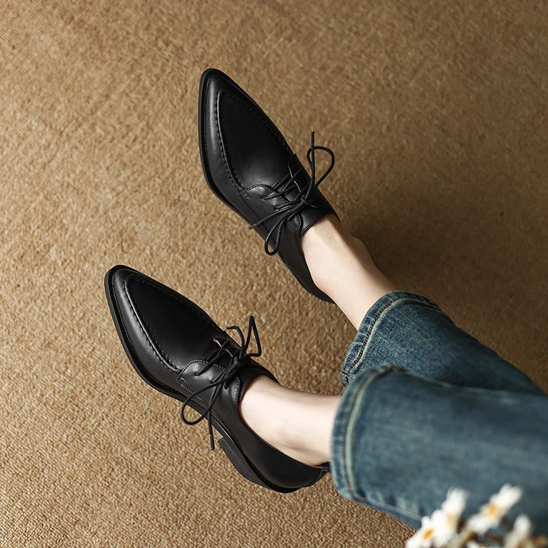 Working Casual Women Pumps Low Heels Comfortable Spring Summer Genuine Leather Lace-Up Shoes Woman Mature Retro Style KilyClothing
