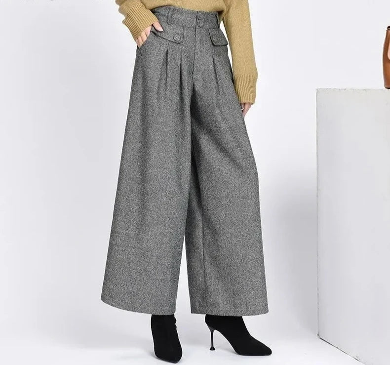 Warm Wool Women's Pants, High Waist, Pleated Wide Leg, Capris for Women, Trousers Woman Extra sizes