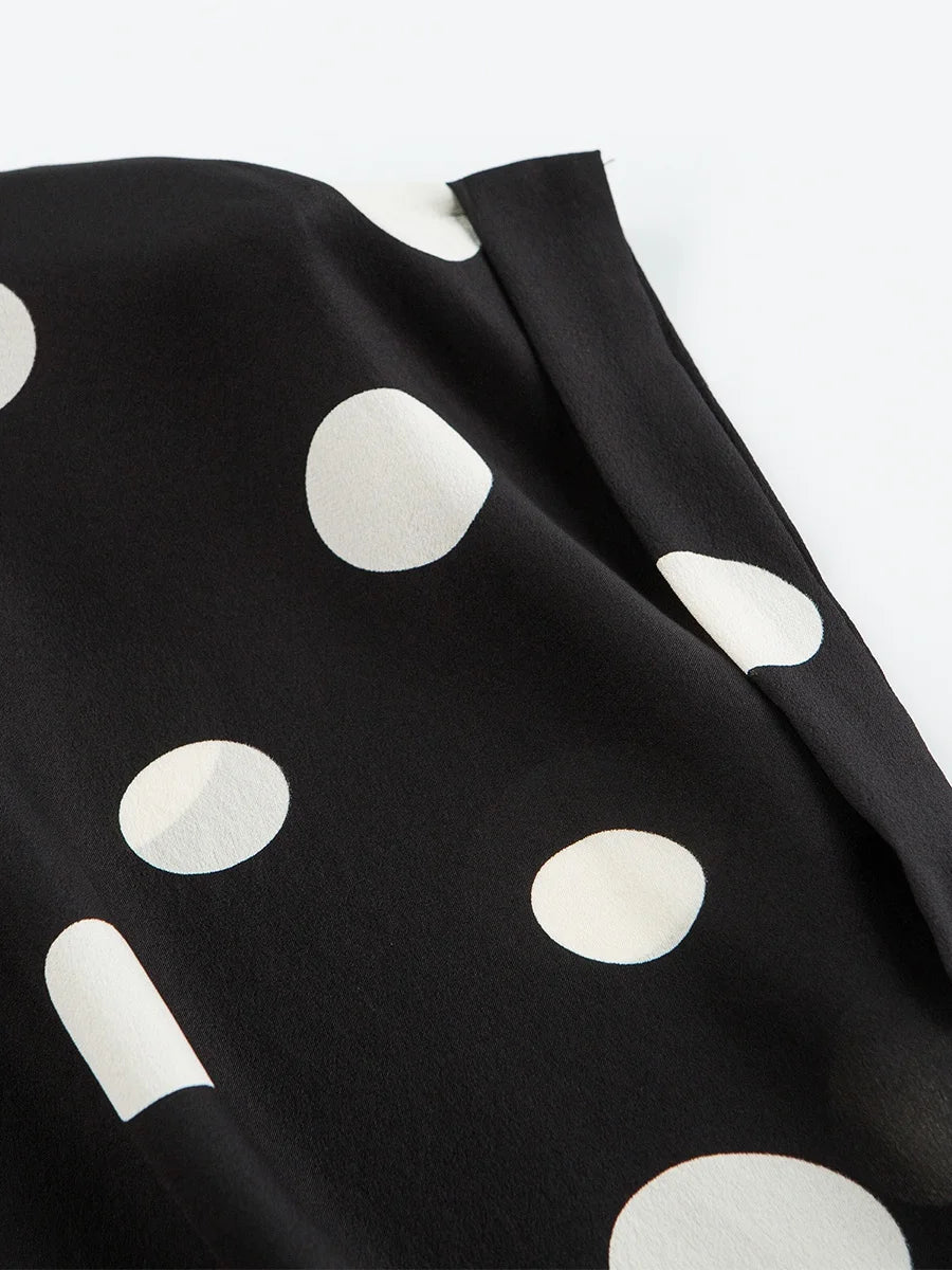 Camiseta de seda para mujer, camiseta negra con cuello redondo y manga murciélago estampada con puntos de crepé de China 100% de seda