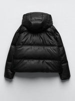Faux Leather Puffer Jacket, Warm PU Snow Hooded Parka Female Casual Loose Coat Zipper Long Sleeve Overcoat KilyClothing