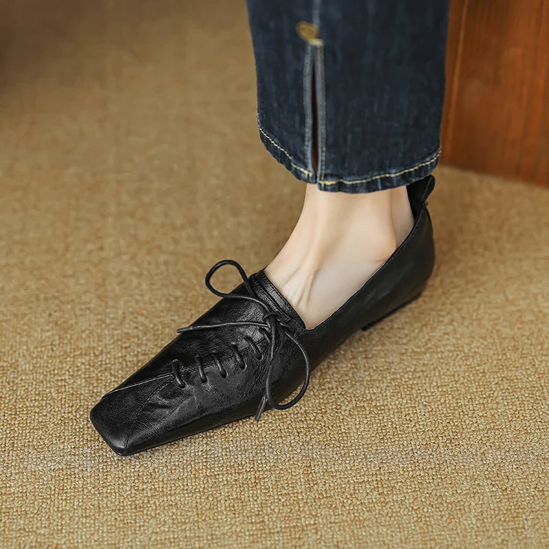 Women Shoes Low Heel Square Toe Basic Casual Working Comfortable Soft Genuine Leather Shoes Woman Concise Pumps