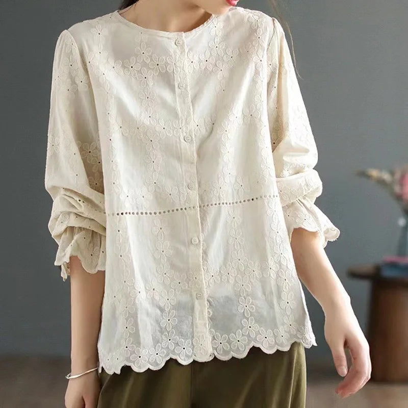 Cotton Shirts for Women, Round Collar, full sleeve with floral embroidery, Hollow Out Casual Blouses for Spring KilyClothing