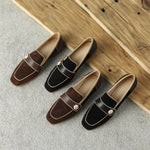 Loafers For Women Block Heels with Metal Buttons, Kid Suede Loafers Square toe Low-heeled Slip on Casual Shallow Work Shoes KilyClothing