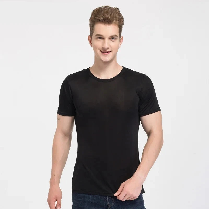 T shirt knitted Natural Silk for Men, Solid O neck Short Sleeved Solid Tee Beige White Navy