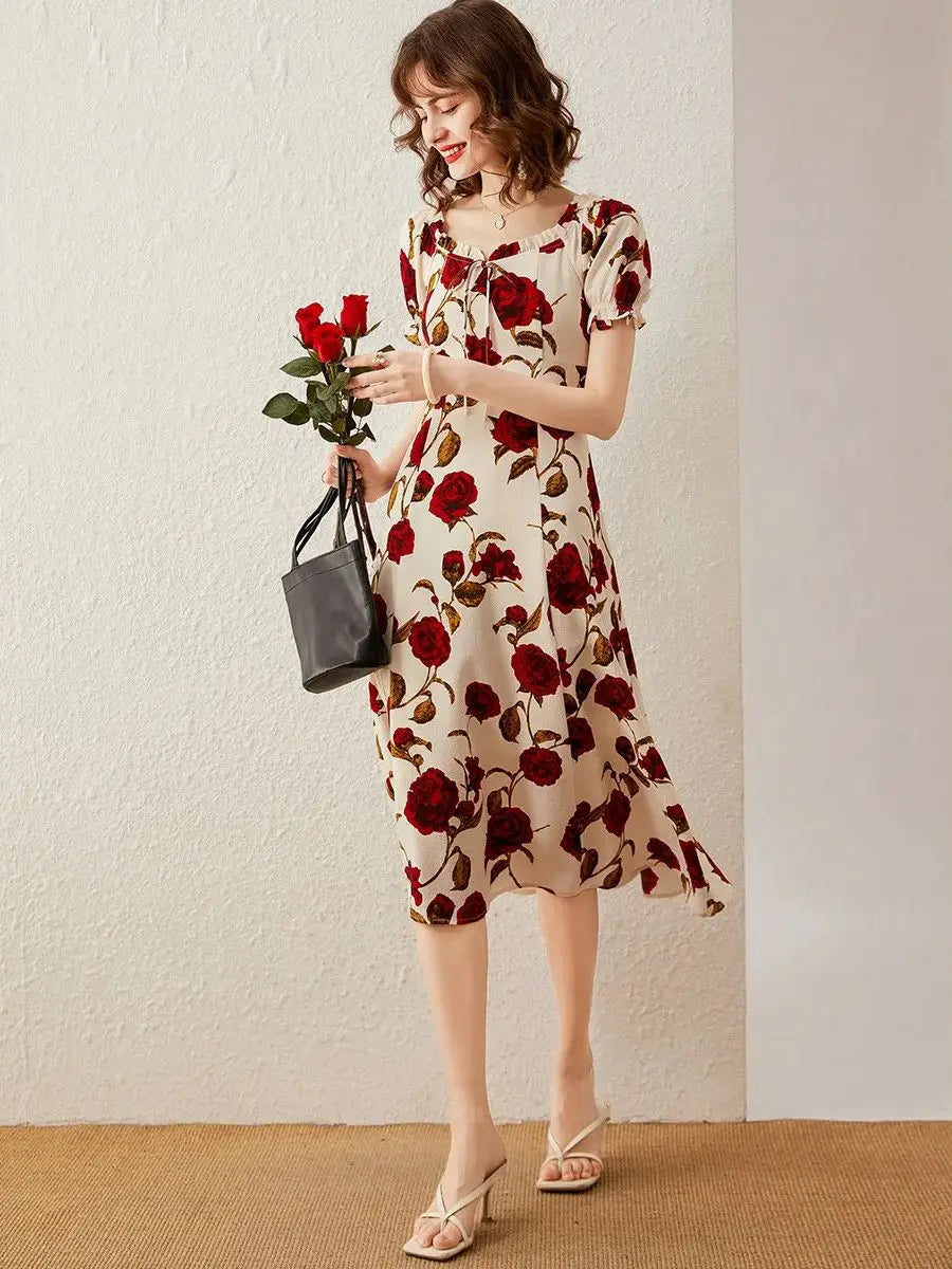 Women Dress French Style Square Neck Puff Short Sleeve Slim Fit Print Flower Retro Elegant Long Dress