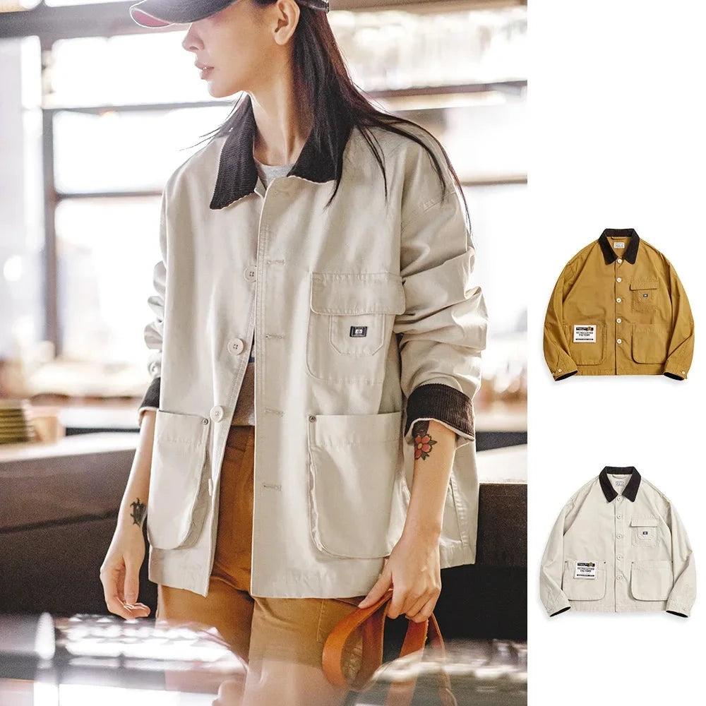 Vintage Corduroy Patchwork Coat Women Stand Collar Jacket Cotton Workwear Top