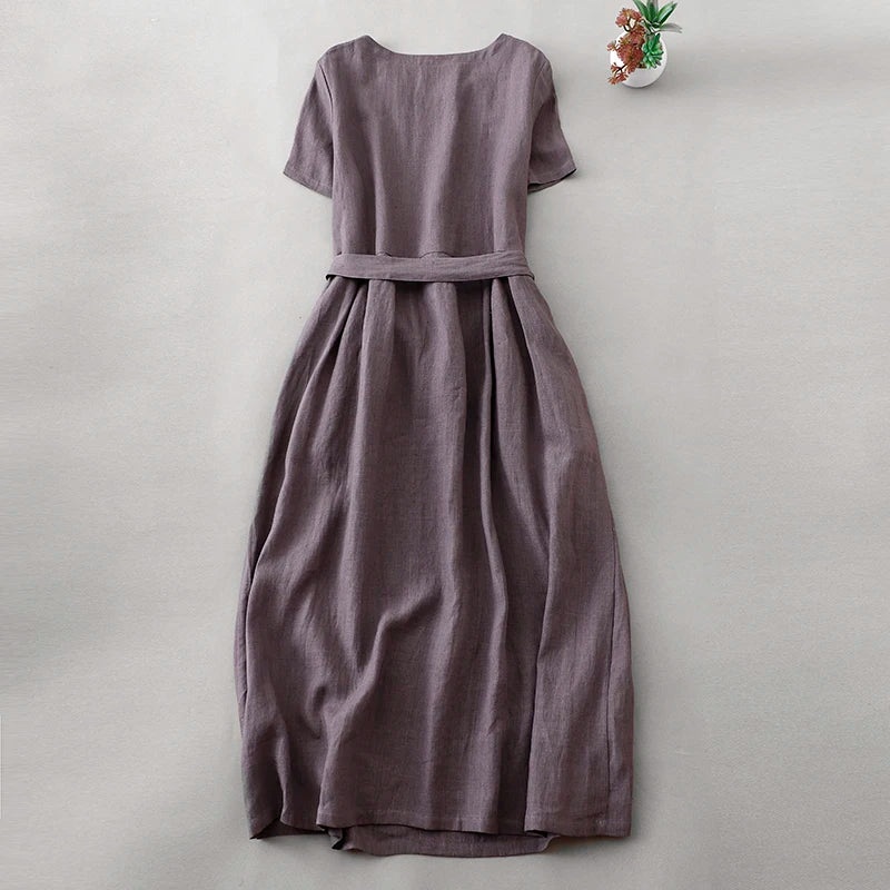 Cotton and Linen Solid Color Round Neck Short-sleeved dress Women's Summer New Korean-style Retro Artistic Elegant Loose Lace-up